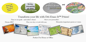 Freedom To Faux Banner with Transform your life Dri-Erase-It prints featuring images of mountains, beaches, cloudy sky and fire and a single column of stones.